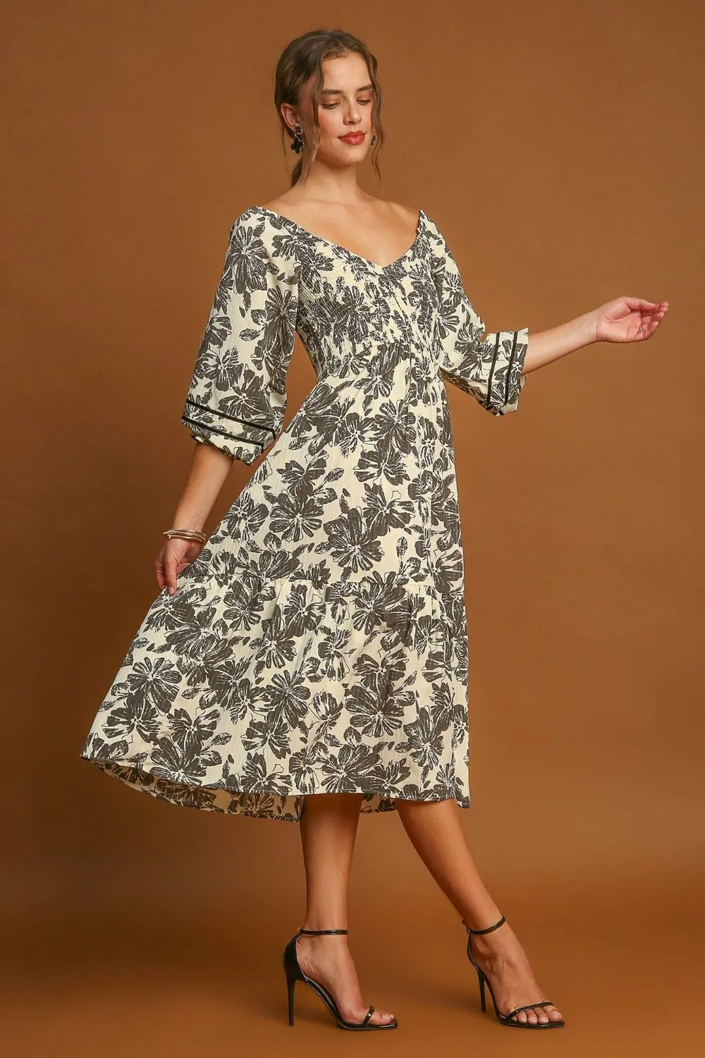 Ruffle Hem Flower Printed V-Neck Cream Color Dress