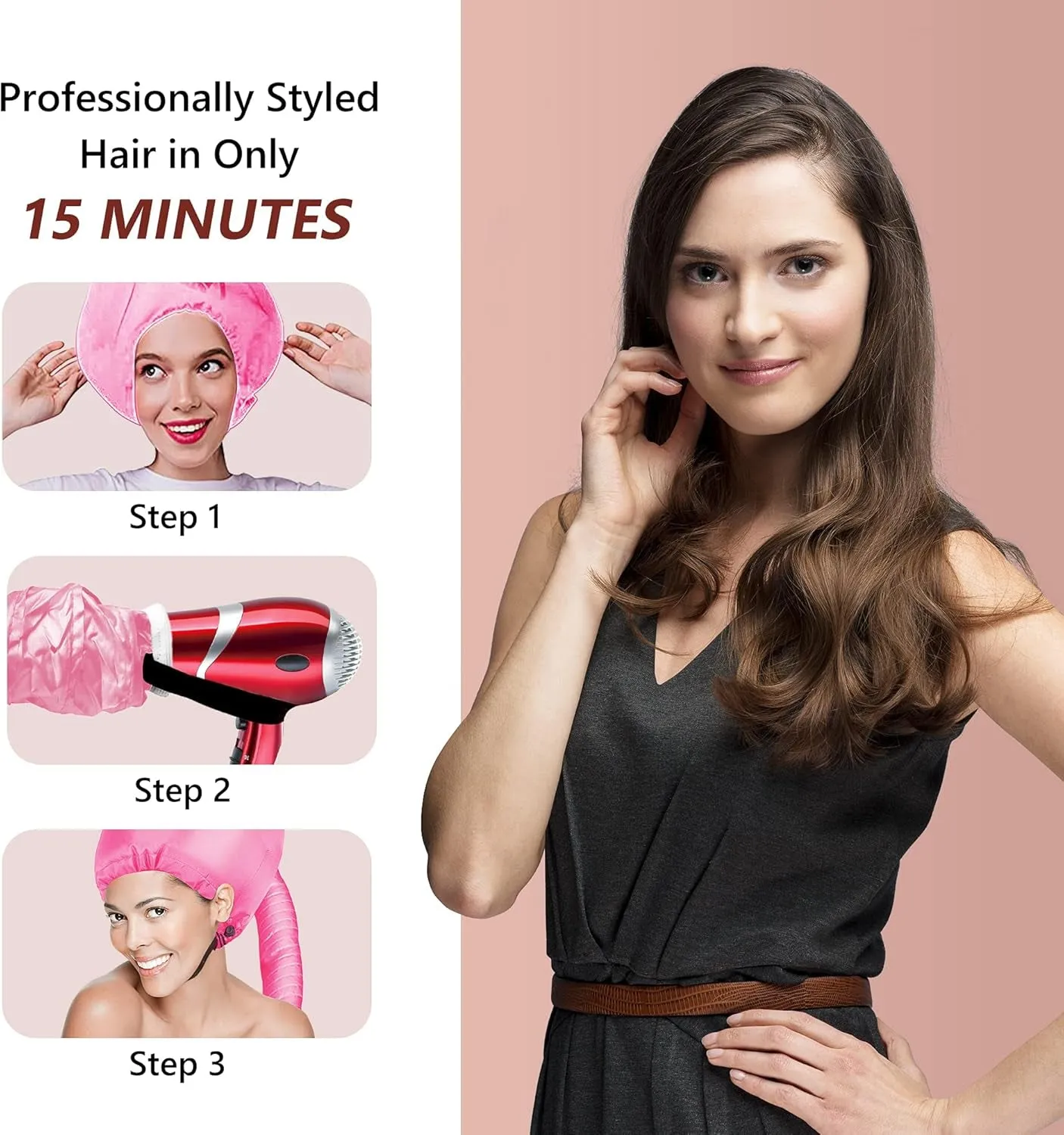 Safety Portable Hair Dryer Bonnet Attachment for Hair Styling - Deep Pink
