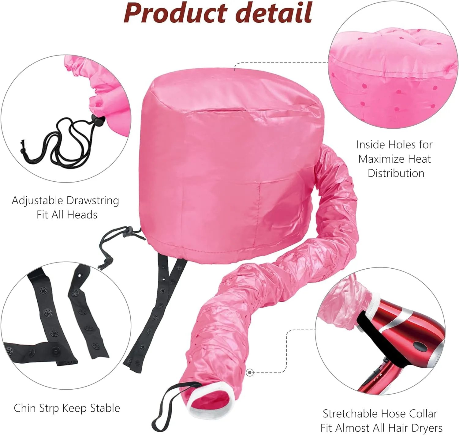 Safety Portable Hair Dryer Bonnet Attachment for Hair Styling - Deep Pink