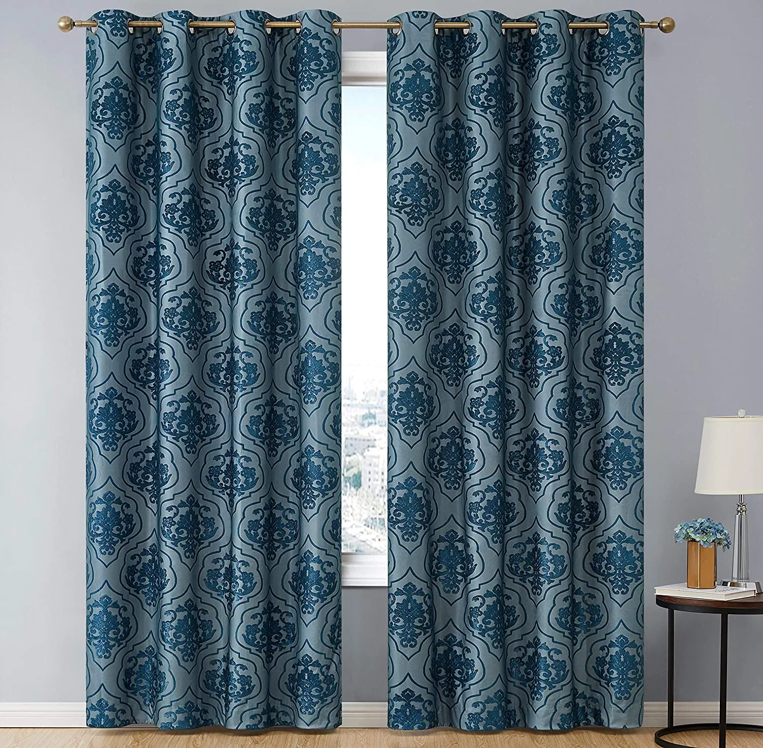 Set of Damask Flocked complete blackout thermal insulated grommet panels in Teal Blue! 50"WX63"L Each Panel!