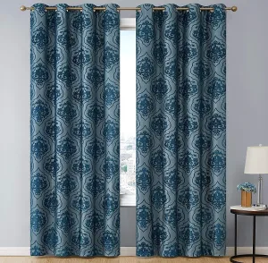 Set of Damask Flocked complete blackout thermal insulated grommet panels in Teal Blue! 50"WX63"L Each Panel!