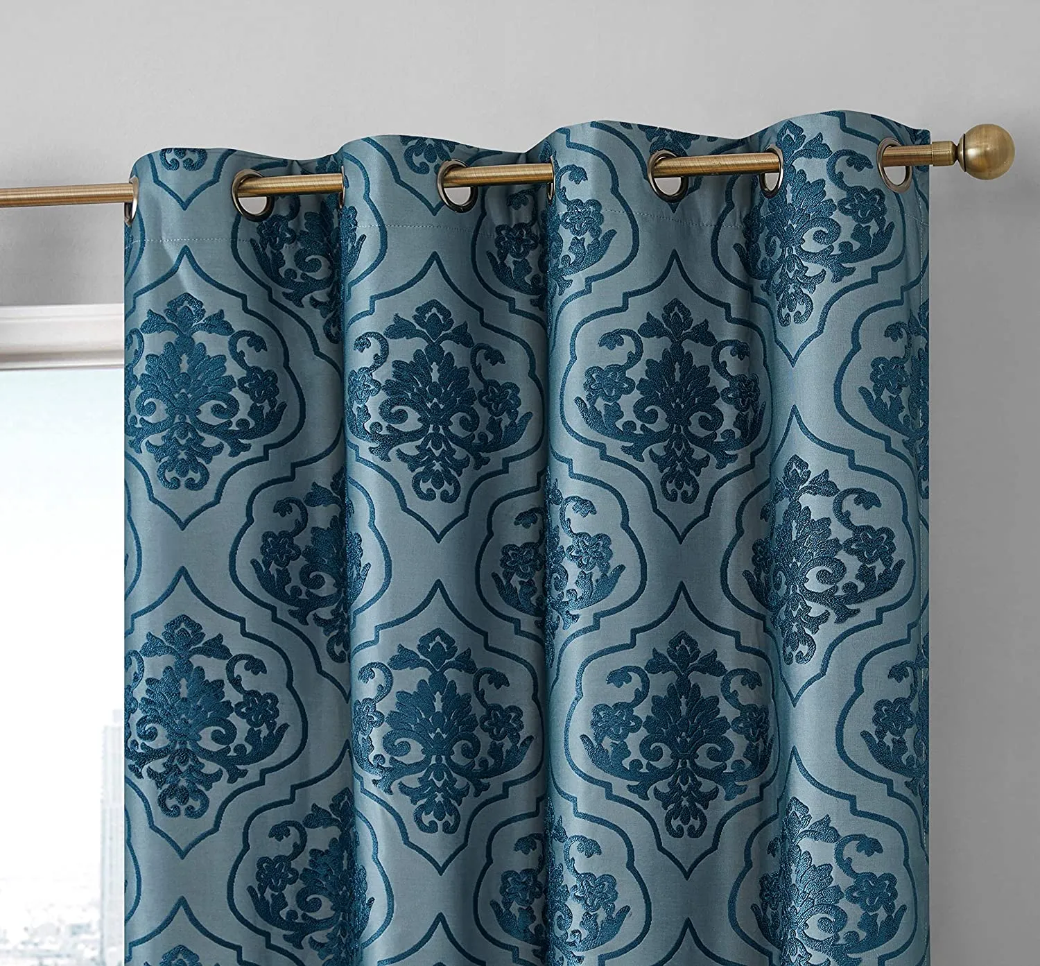 Set of Damask Flocked complete blackout thermal insulated grommet panels in Teal Blue! 50"WX63"L Each Panel!