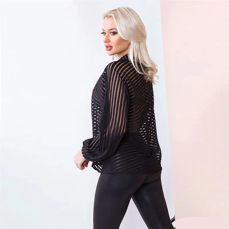 Sheer Delight Keyhole Stripe Long Sleeve Blouse