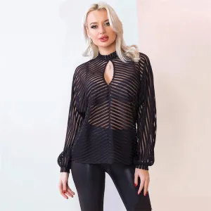 Sheer Delight Keyhole Stripe Long Sleeve Blouse