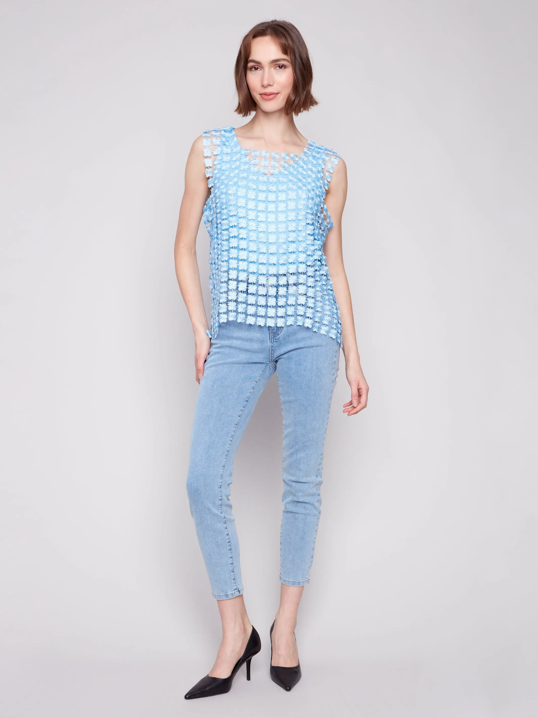 Shimmery Bluebell Crochet Flower Sleeveless Top