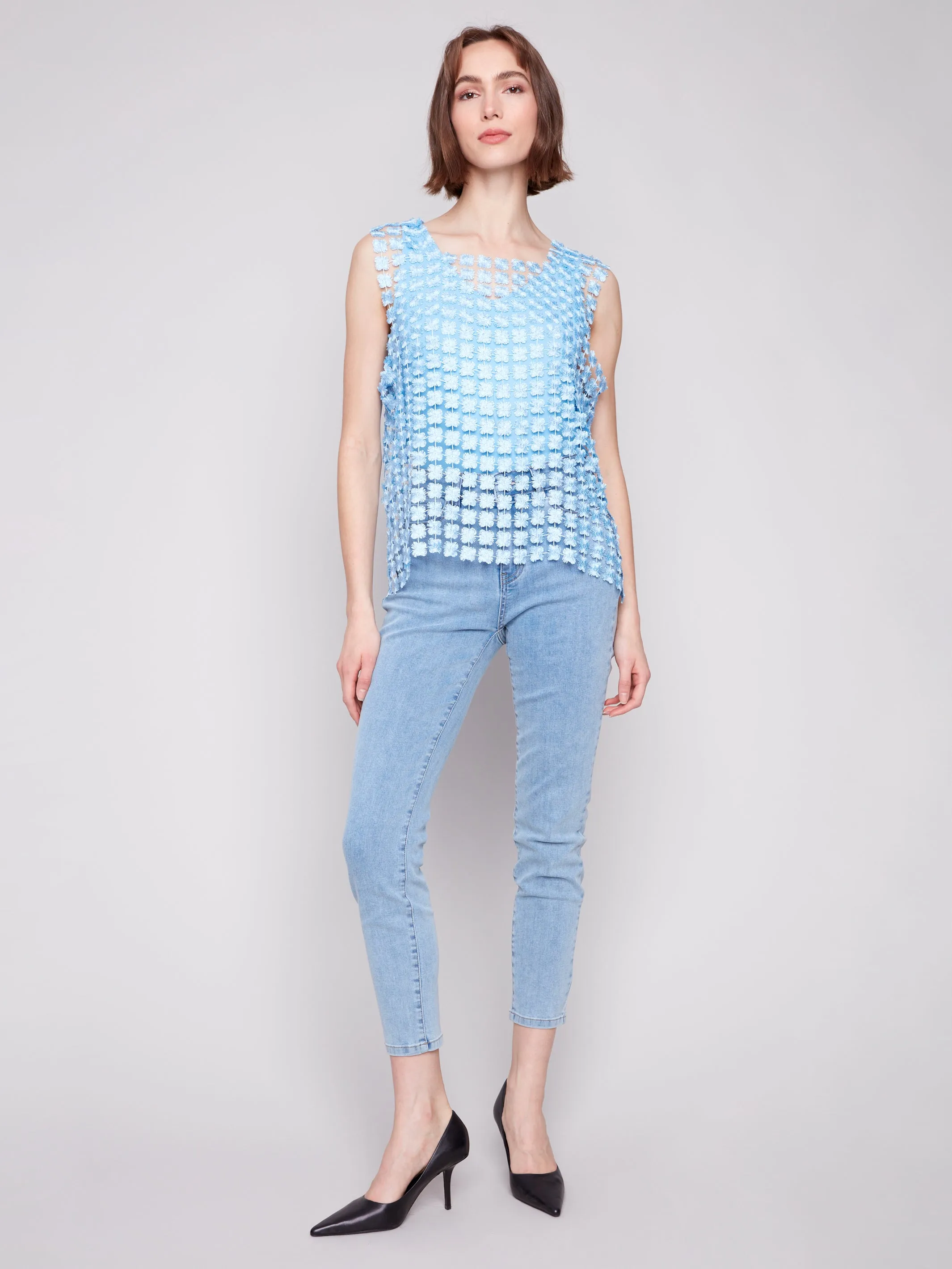 Shimmery Bluebell Crochet Flower Sleeveless Top