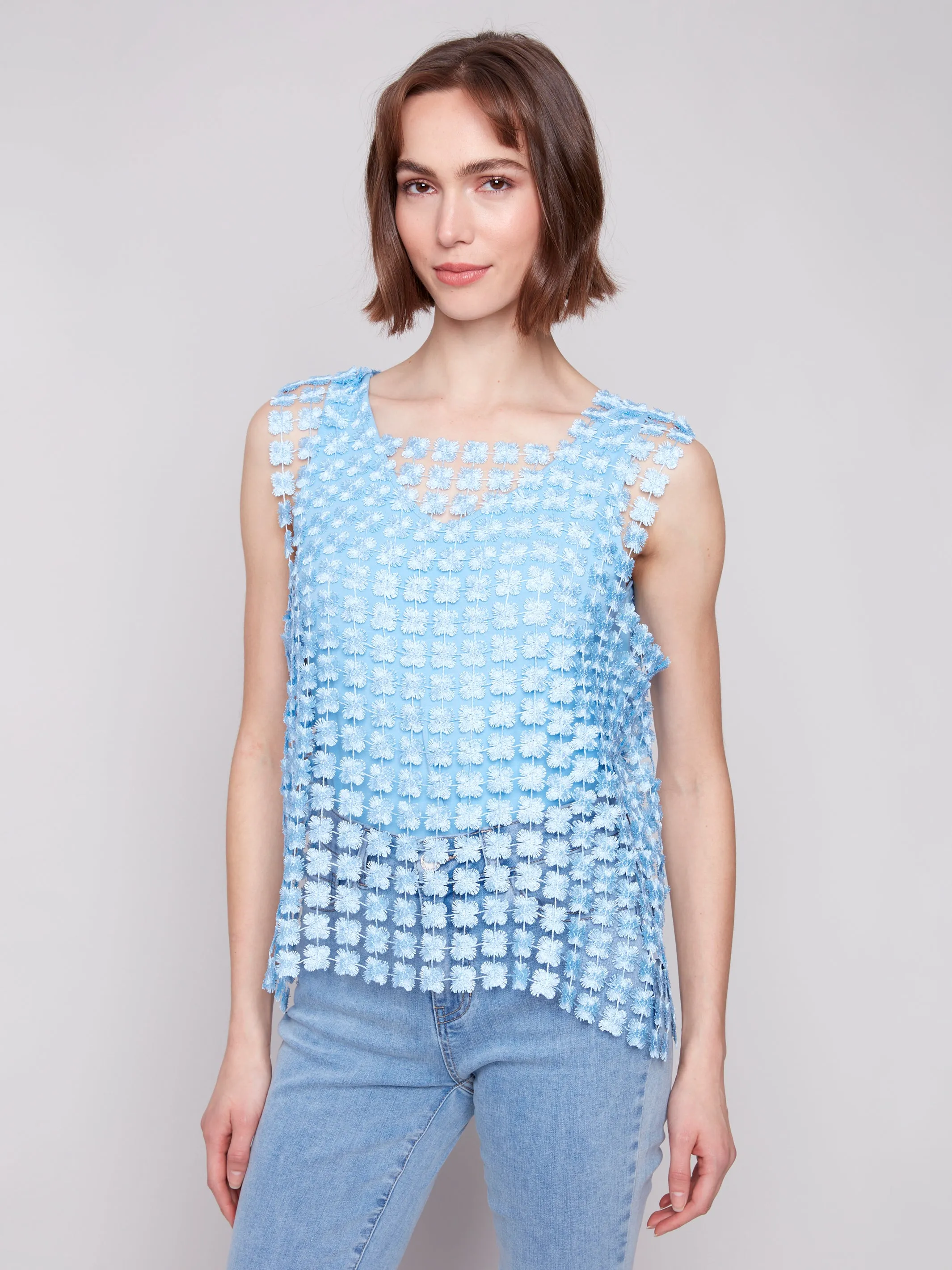 Shimmery Bluebell Crochet Flower Sleeveless Top