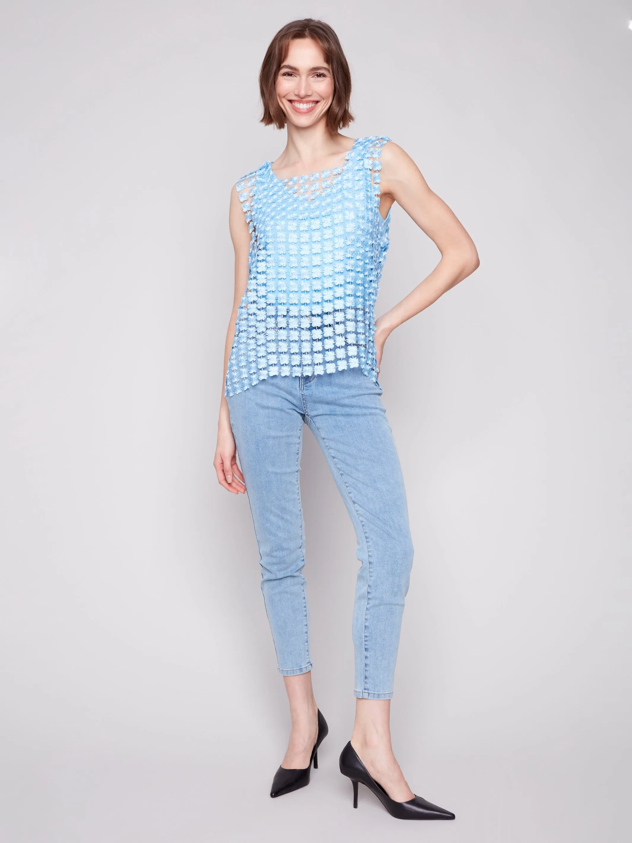 Shimmery Bluebell Crochet Flower Sleeveless Top