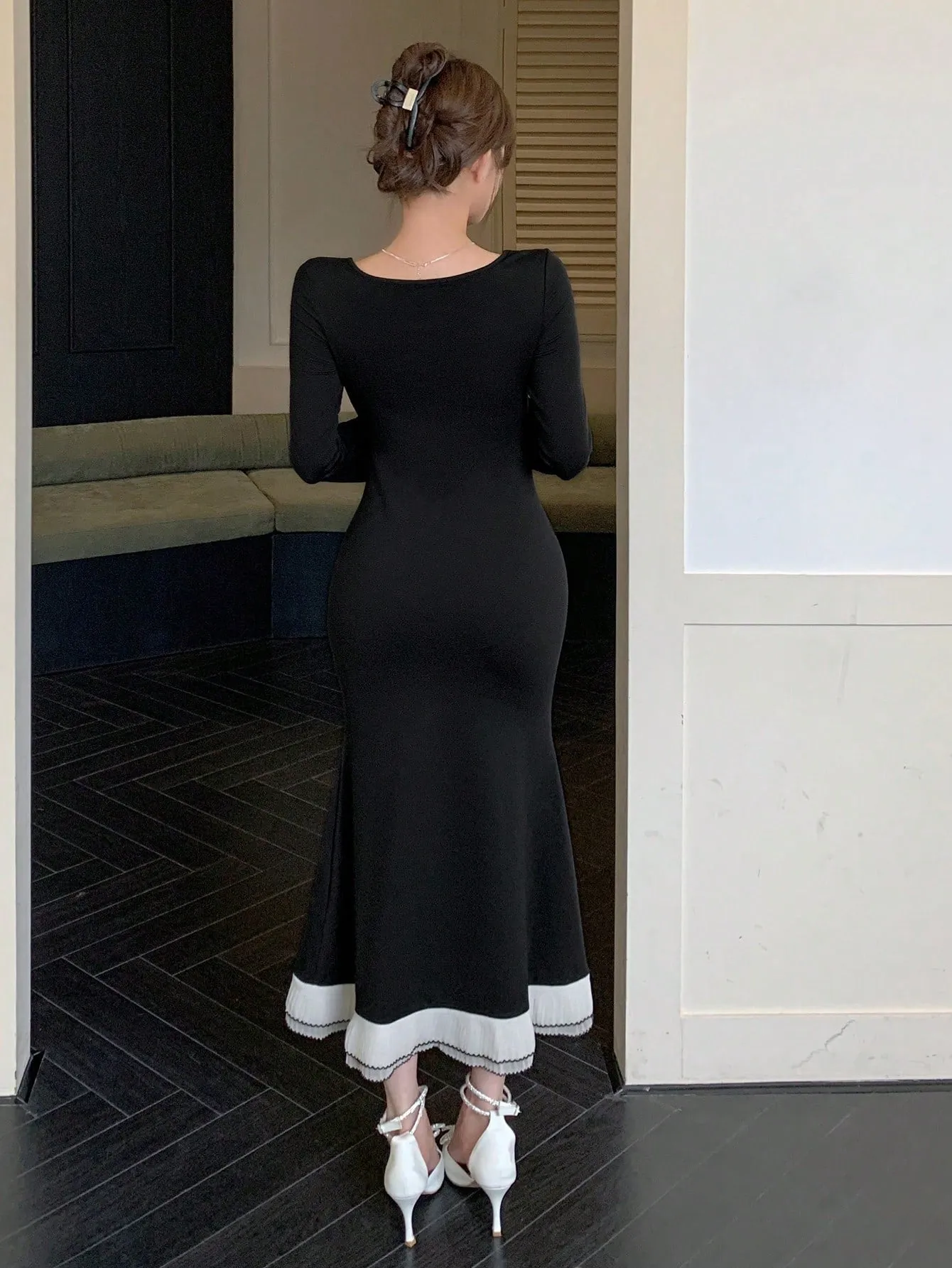 Square Neck Contrast Color Patchwork Fishtail Midi Dress