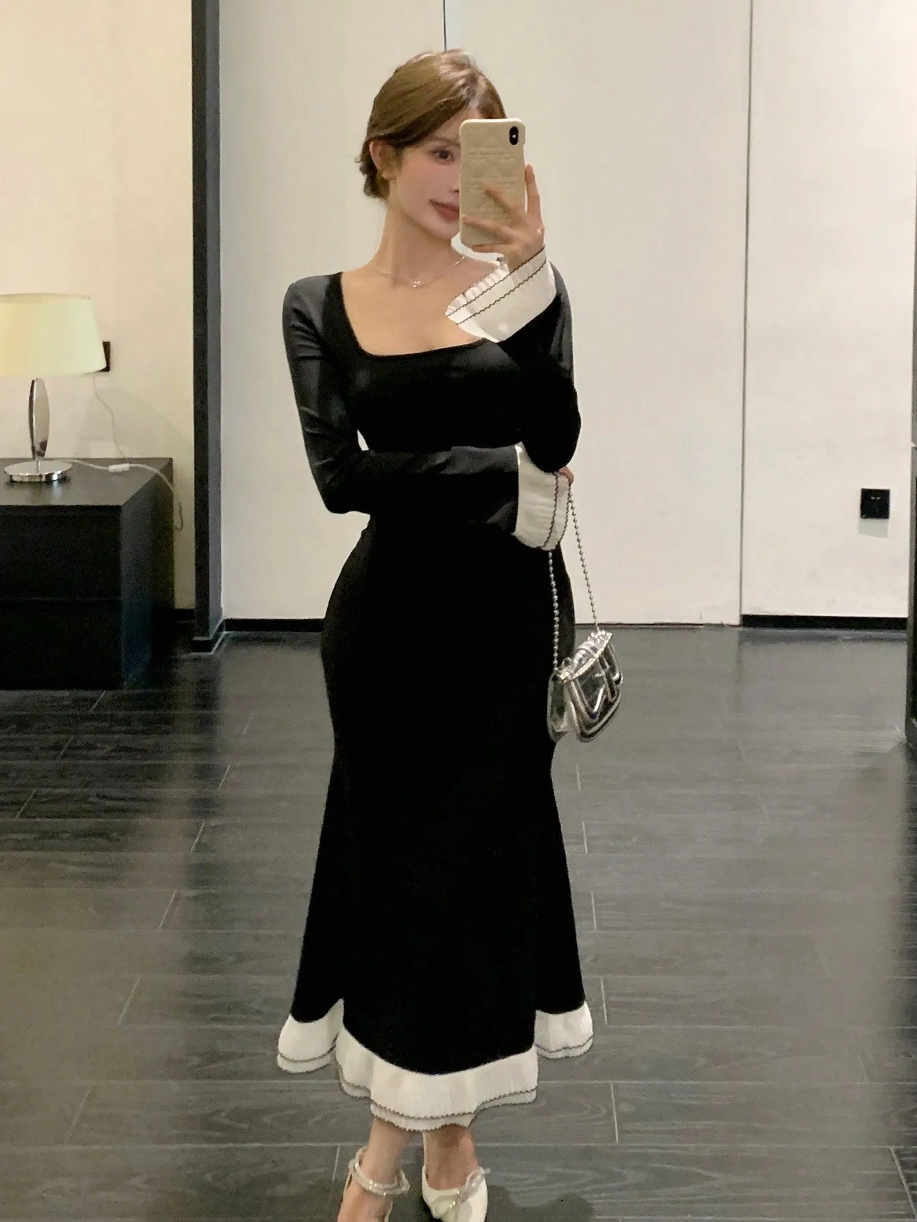 Square Neck Contrast Color Patchwork Fishtail Midi Dress