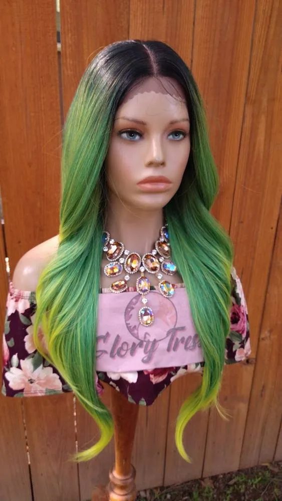 Straight Lace Front Wig, Human Hair Blend, 13X4 Free Parting, HD Lace Frontal, Glory Tress, Green Wig // DINERO