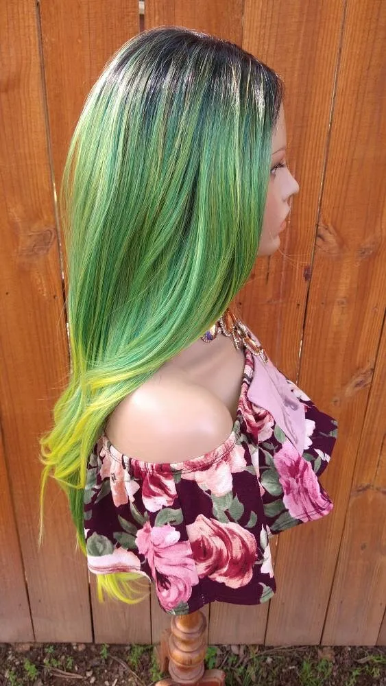 Straight Lace Front Wig, Human Hair Blend, 13X4 Free Parting, HD Lace Frontal, Glory Tress, Green Wig // DINERO