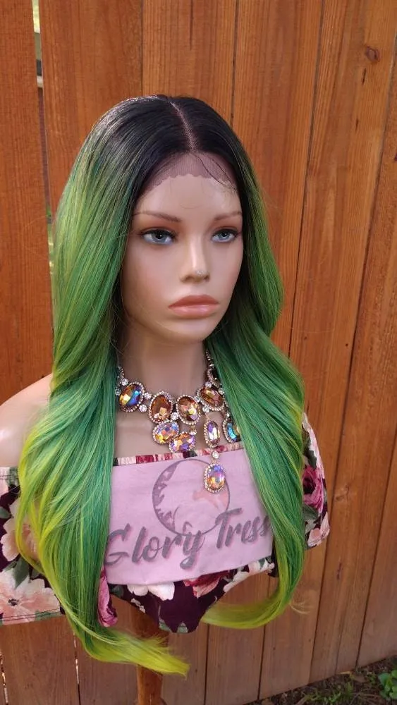Straight Lace Front Wig, Human Hair Blend, 13X4 Free Parting, HD Lace Frontal, Glory Tress, Green Wig // DINERO