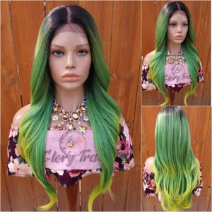 Straight Lace Front Wig, Human Hair Blend, 13X4 Free Parting, HD Lace Frontal, Glory Tress, Green Wig // DINERO