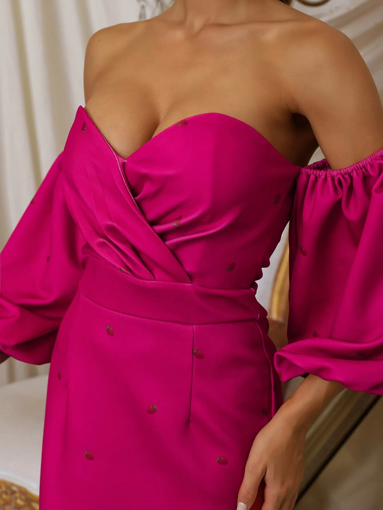 Strawberry Print Off Shoulder Split Back Dress