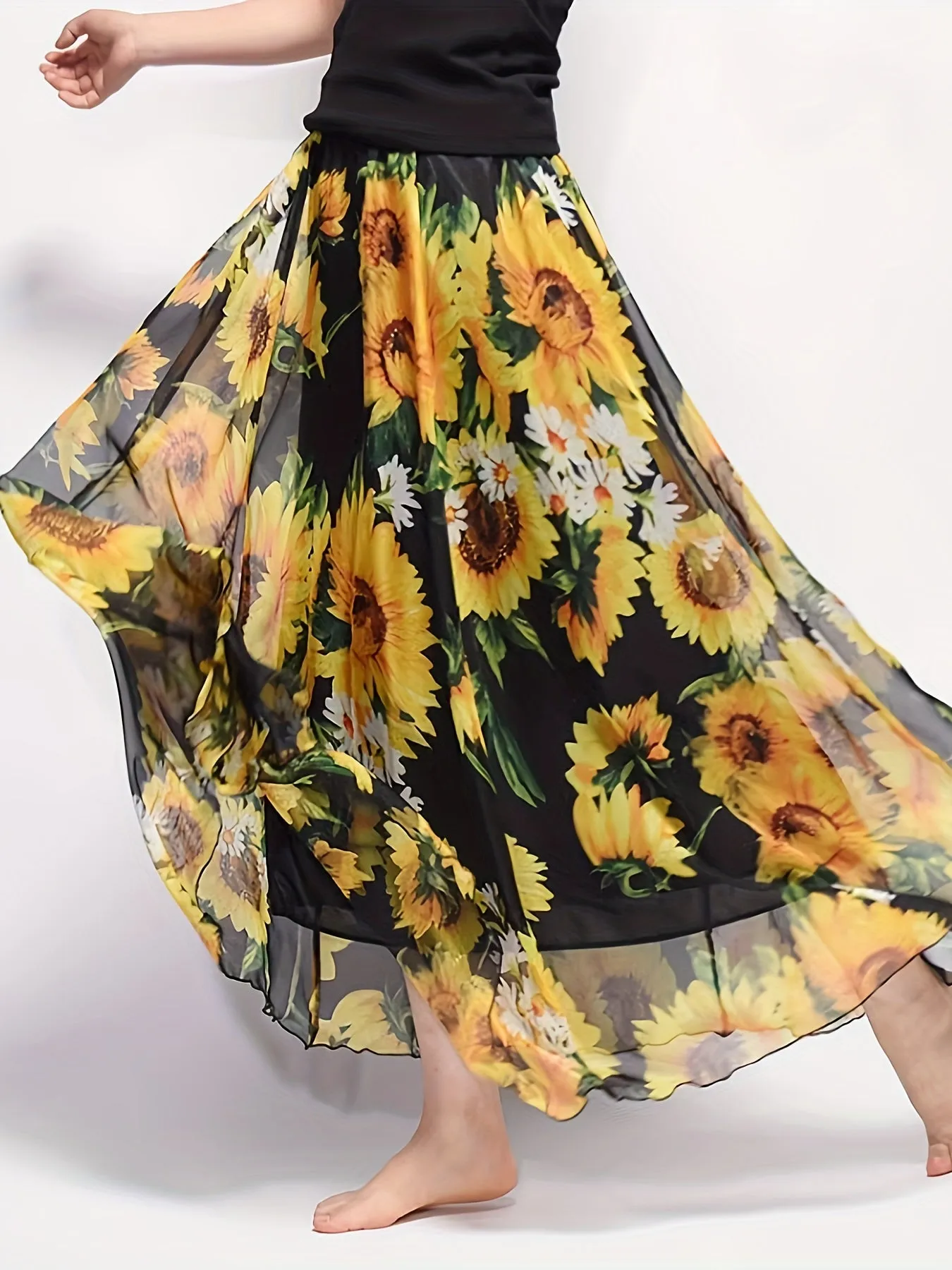 Sunflower Print High Waist Skirt Boho Maxi Beach Skirt