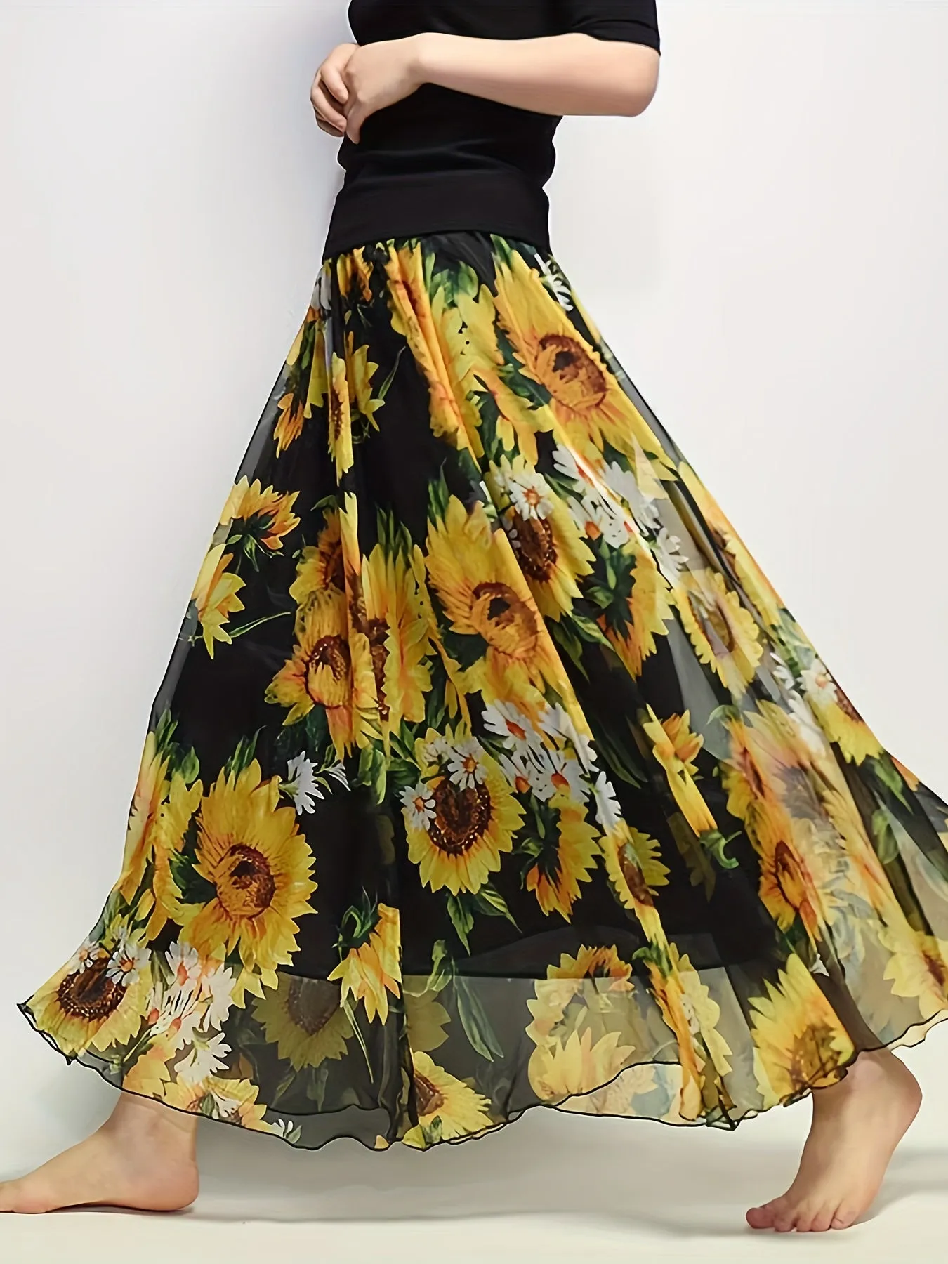 Sunflower Print High Waist Skirt Boho Maxi Beach Skirt