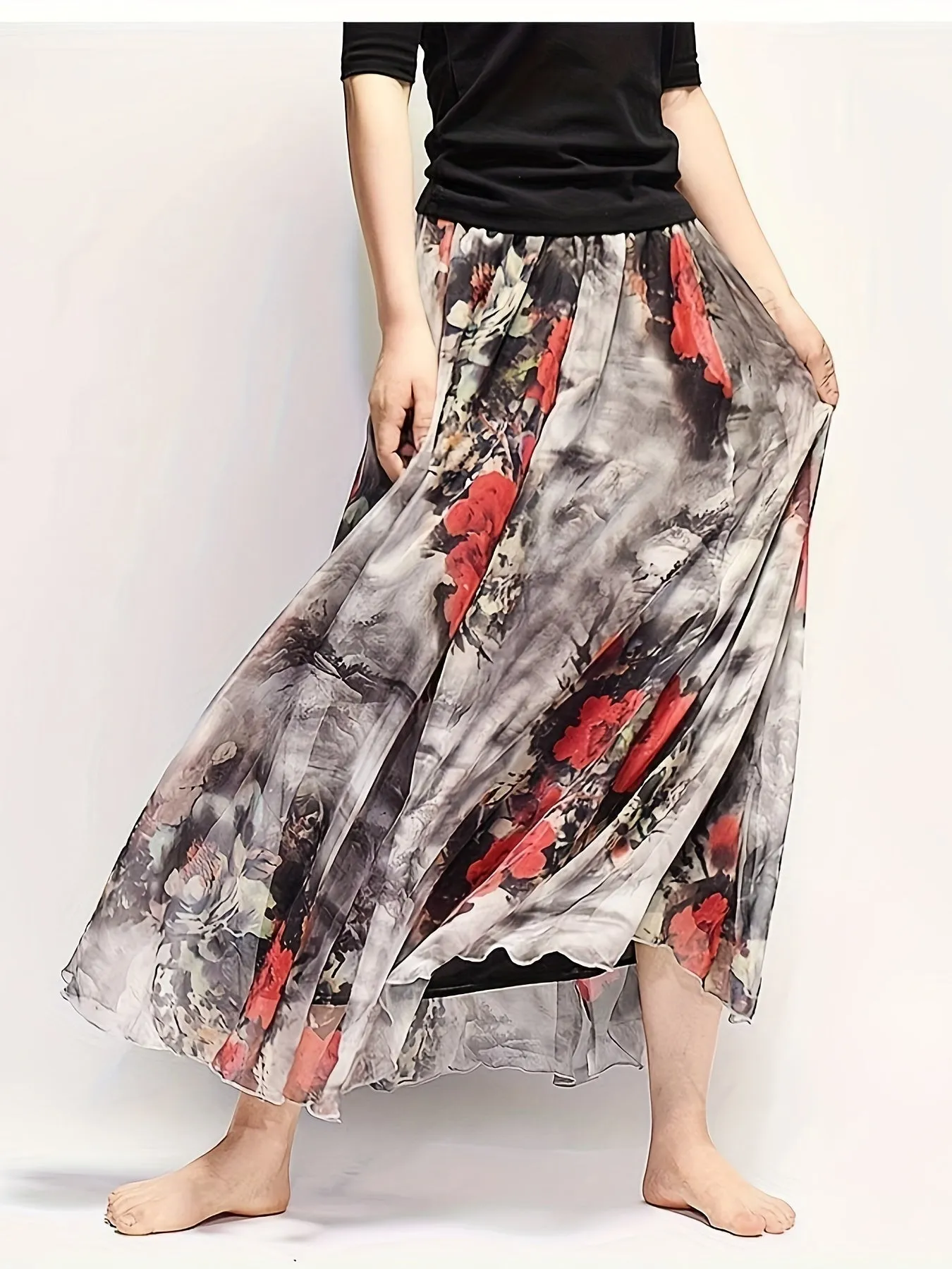 Sunflower Print High Waist Skirt Boho Maxi Beach Skirt