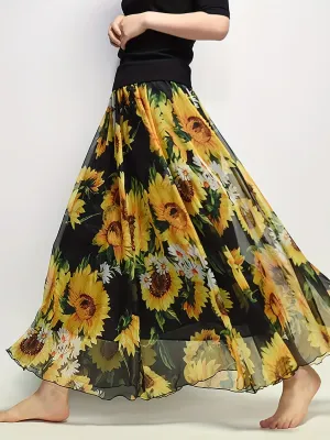 Sunflower Print High Waist Skirt Boho Maxi Beach Skirt