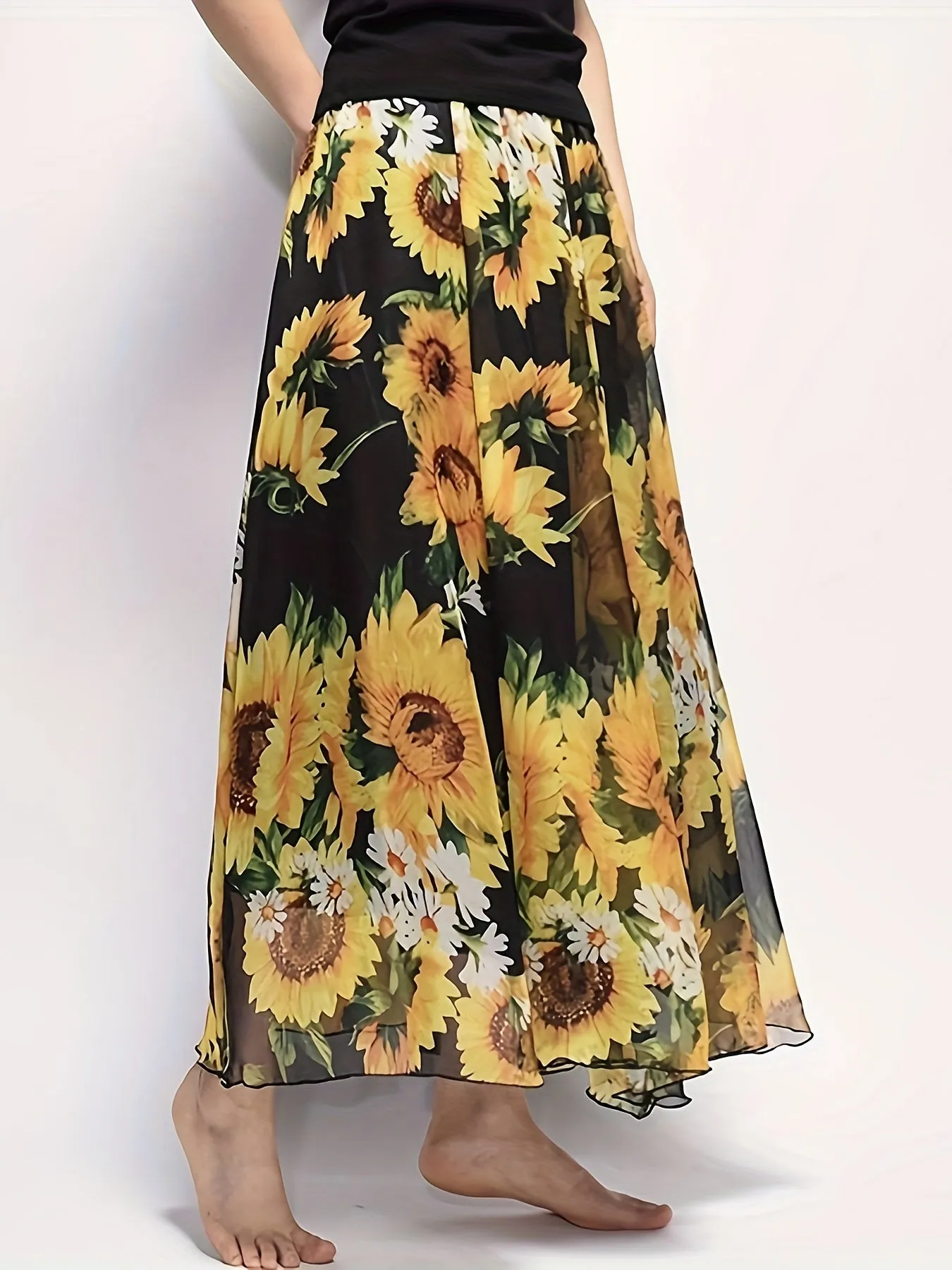 Sunflower Print High Waist Skirt Boho Maxi Beach Skirt