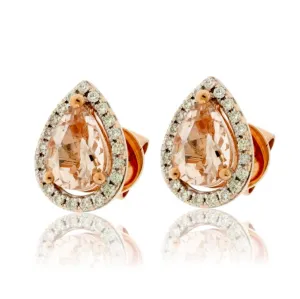 Tear Drop Pink Morganite and Diamond Halo Earrings