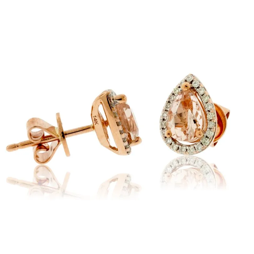 Tear Drop Pink Morganite and Diamond Halo Earrings