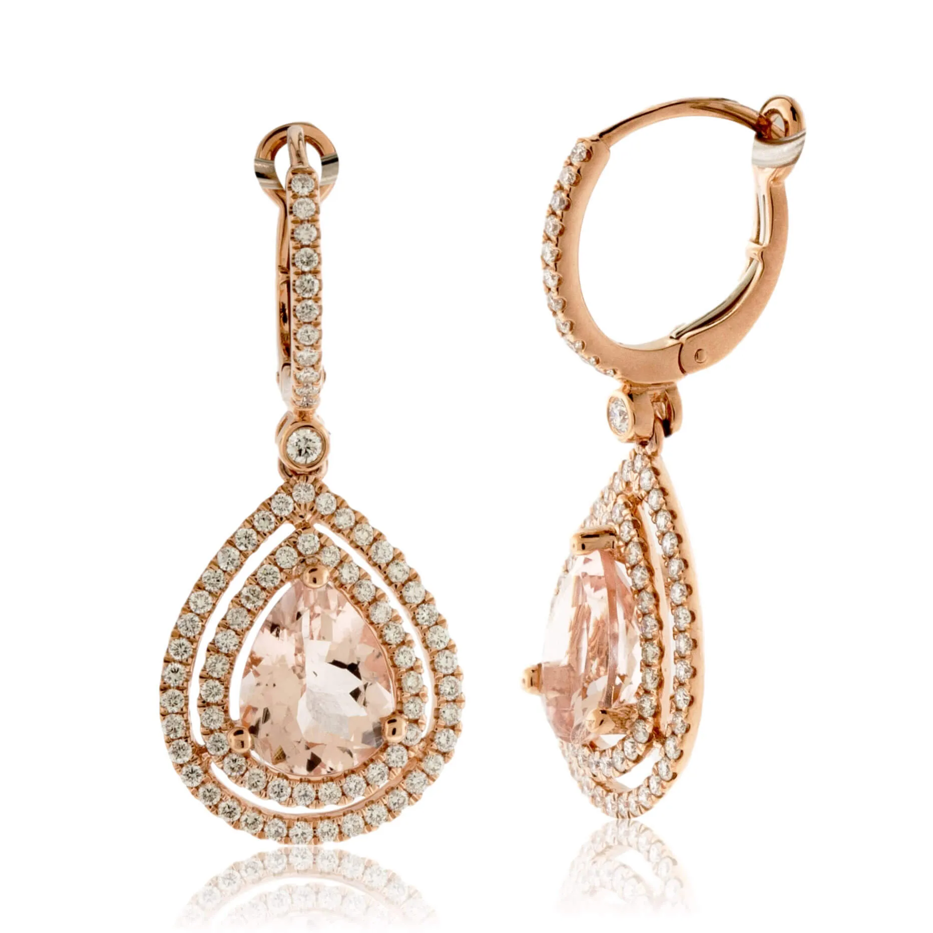 Tear Drop Pink Morganite and Double Diamond Halo Drop Earrings