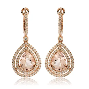 Tear Drop Pink Morganite and Double Diamond Halo Drop Earrings