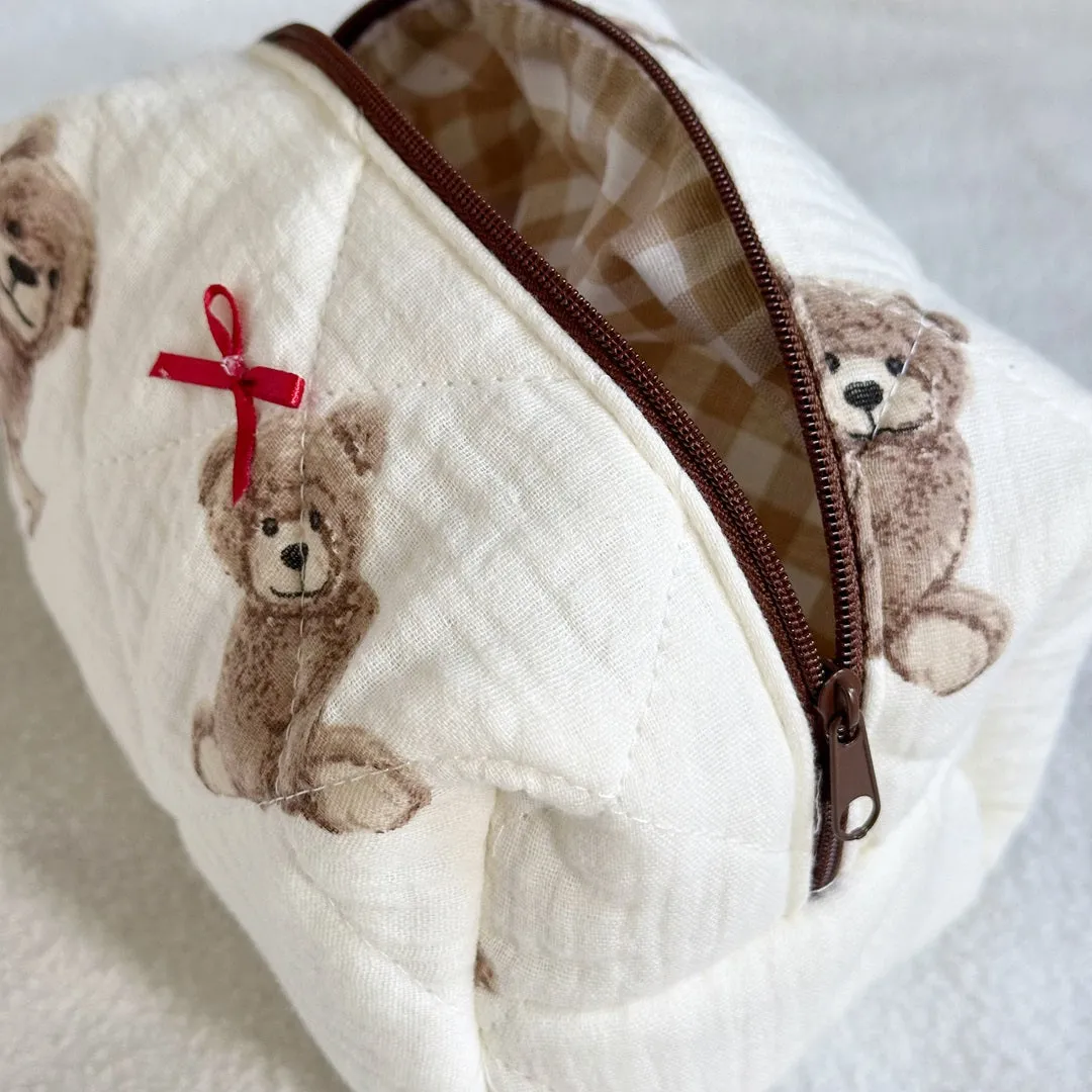 Teddy Bear Bow Quilted Cosmetic Bag