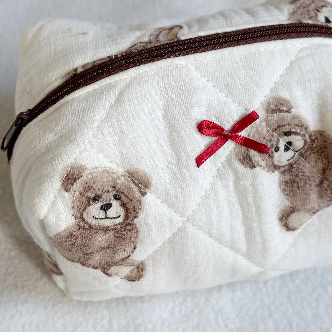 Teddy Bear Bow Quilted Cosmetic Bag