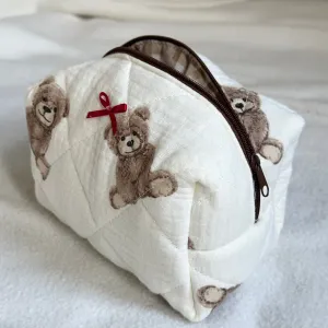 Teddy Bear Bow Quilted Cosmetic Bag