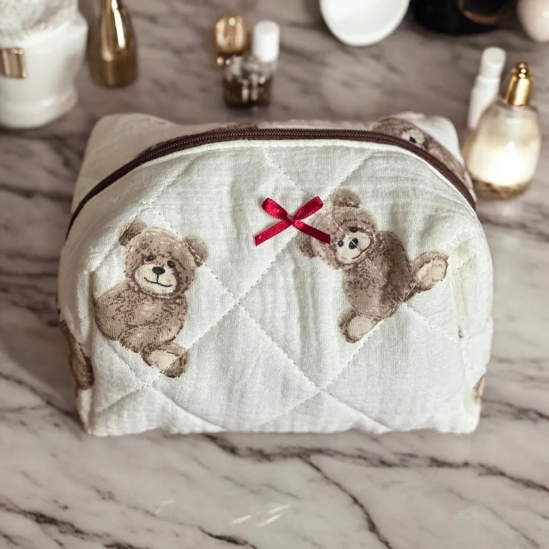 Teddy Bear Bow Quilted Cosmetic Bag