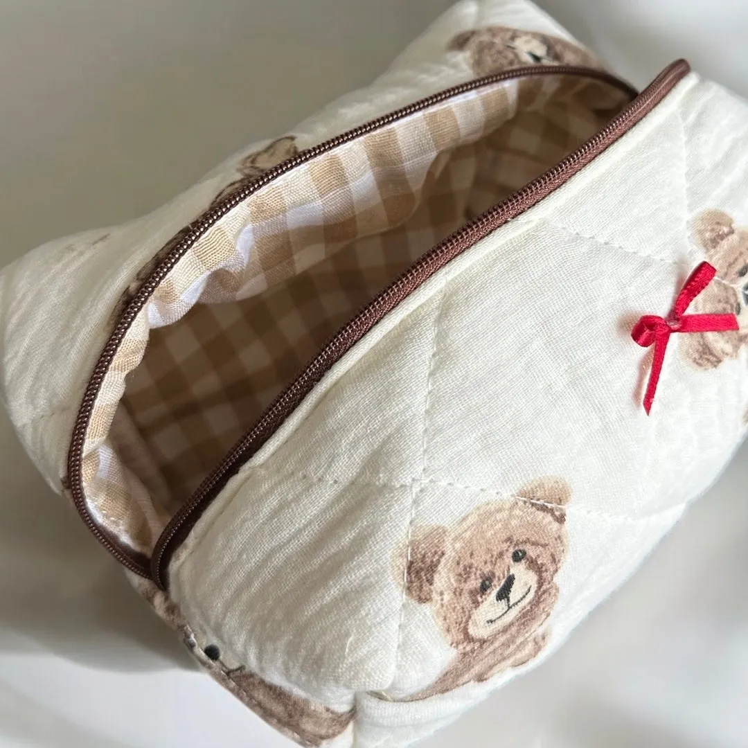 Teddy Bear Bow Quilted Cosmetic Bag