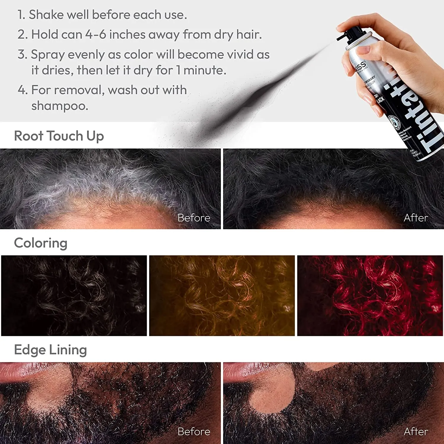 Tintation Temporary Hair Color Spray, Instant Gray Root Cover Up, Water-Resistant, Smudge-Proof, Easy Wash Out, Hairline & Barber Touch-Up, Quick Dry (Black)