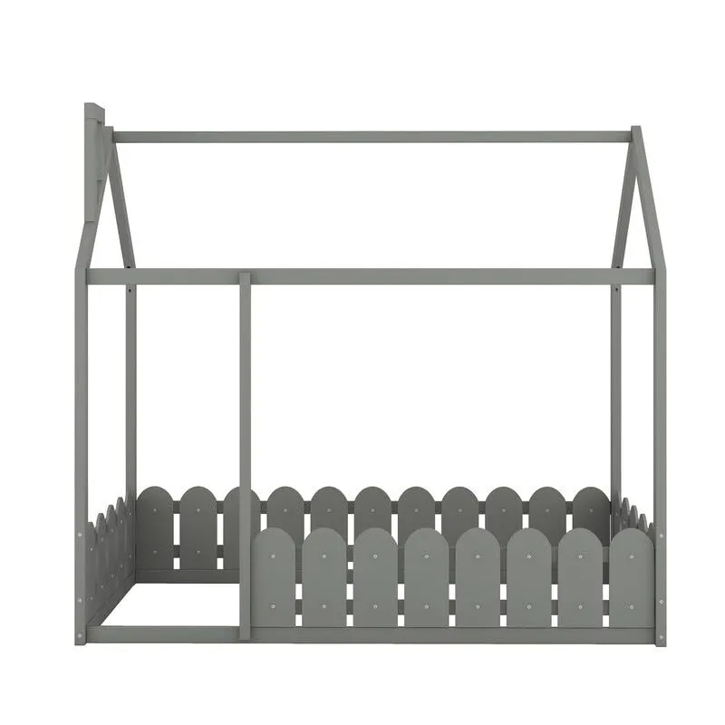 Twin Size Wood Bed House Frame with Fence for Kids Teens Girls Boys