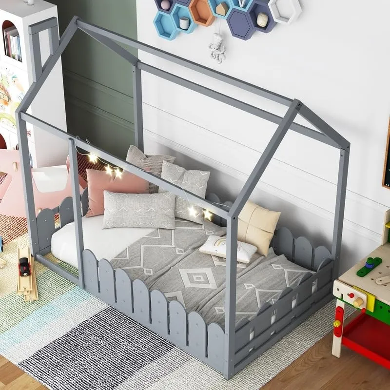Twin Size Wood Bed House Frame with Fence for Kids Teens Girls Boys