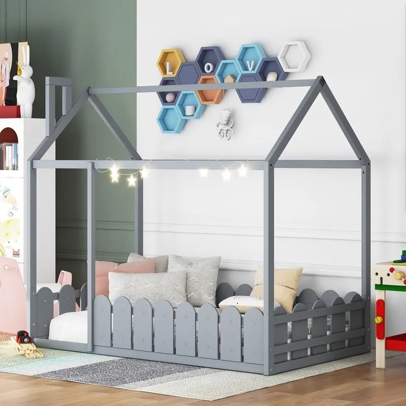 Twin Size Wood Bed House Frame with Fence for Kids Teens Girls Boys