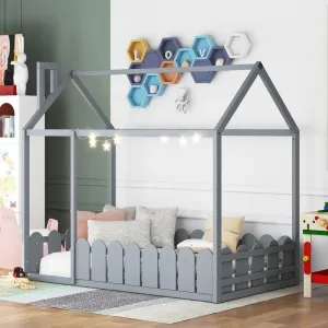 Twin Size Wood Bed House Frame with Fence for Kids Teens Girls Boys