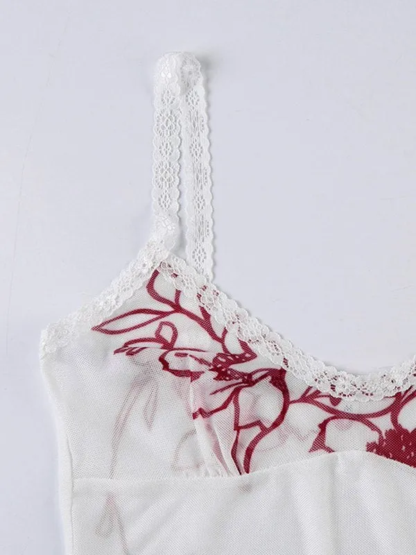 Vintage Mesh Perspective Camisole with Floral Print and Lace