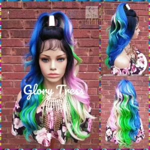 Wavy Lace Front Wig, Ombre Rainbow Wig, Glory Tress, Pink Wig, Blue Wig, Unicorn Haircolor, Cosplay Wig, Heat Safe, ON SALE // VIBRANT