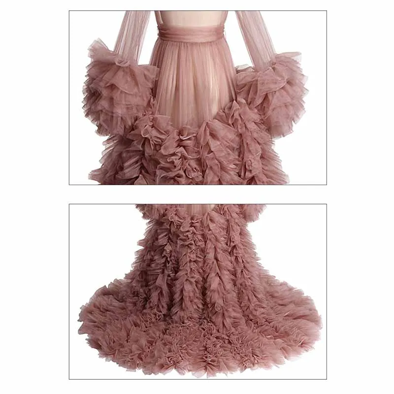 Women Tulle Robe for Maternity Photoshoot Puffy Gown Long Sleeves Court Train Tie Closure